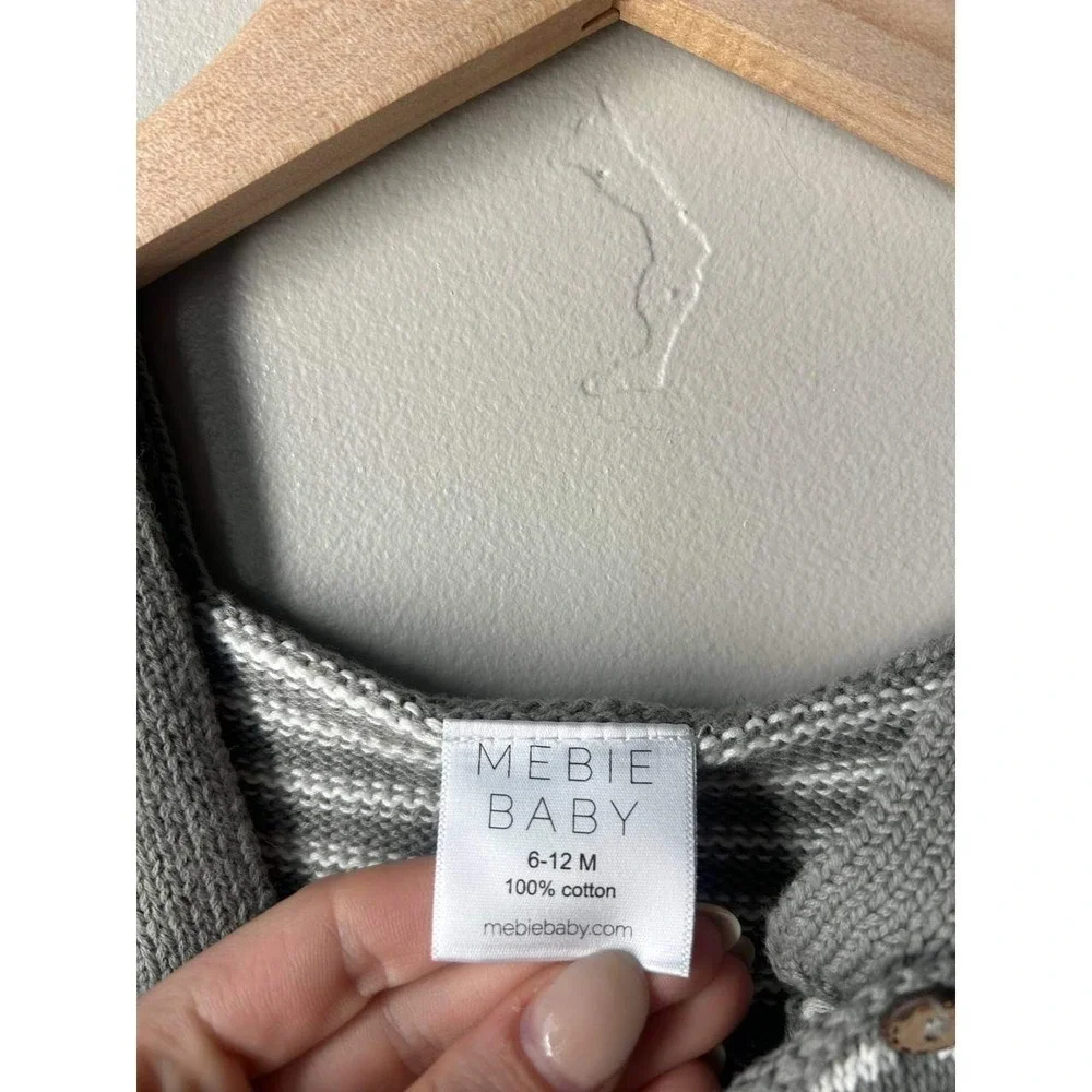 Mebie Baby Stripe Knit Overall Romper Grey Cream Scandi Neutral Photoshoot
